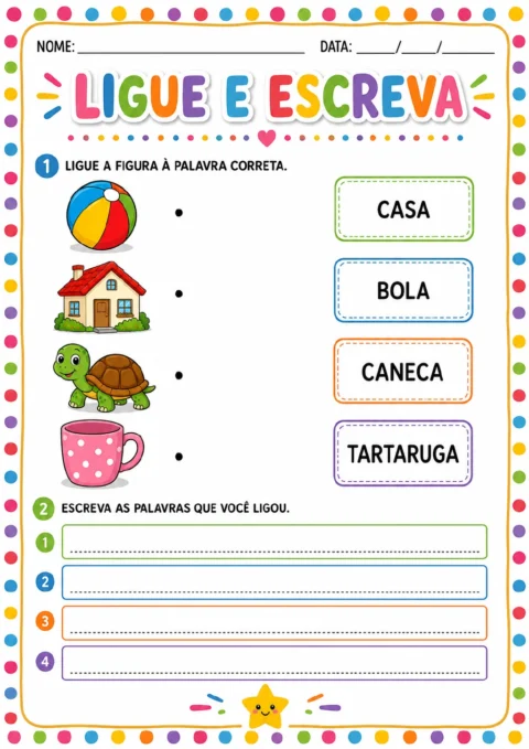 Figuras de bola, casa, tartaruga e caneca em uma coluna e cartões de palavras em outra, com linhas pautadas para cópia.