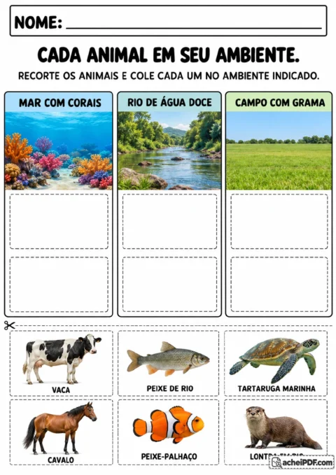 Recorte e colagem de vaca, peixes, tartaruga marinha, cavalo e lontra em habitats diferentes.