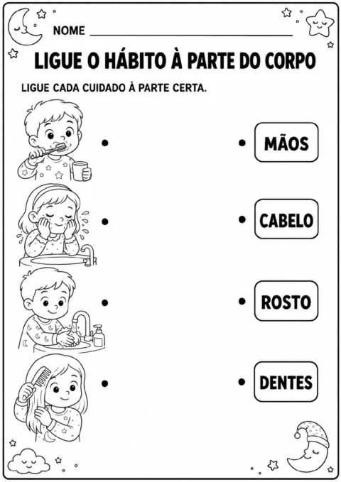 Cenas de escovar os dentes, lavar o rosto, lavar as mãos e pentear o cabelo aparecem para ligar aos rótulos dentes, rosto.