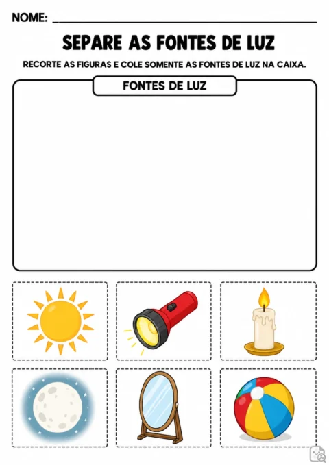 Uma caixa identificada como “Fontes de luz” aparece acima de seis cartões tracejados para recortar: sol, lanterna, vela.