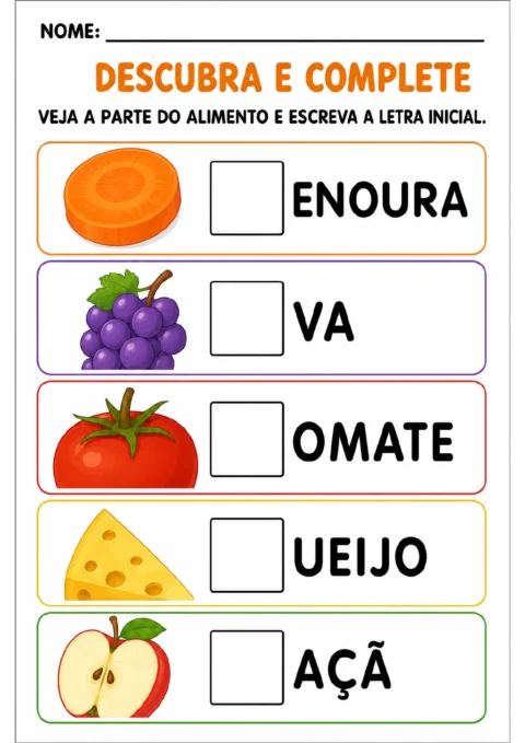 Ilustrações de cenoura, uva, tomate, queijo e maçã ao lado de palavras incompletas.