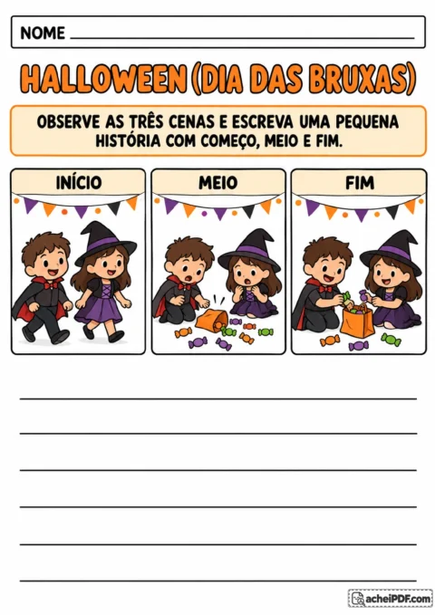 Três cenas coloridas identificadas como início, meio e fim mostram um menino fantasiado e uma bruxa.