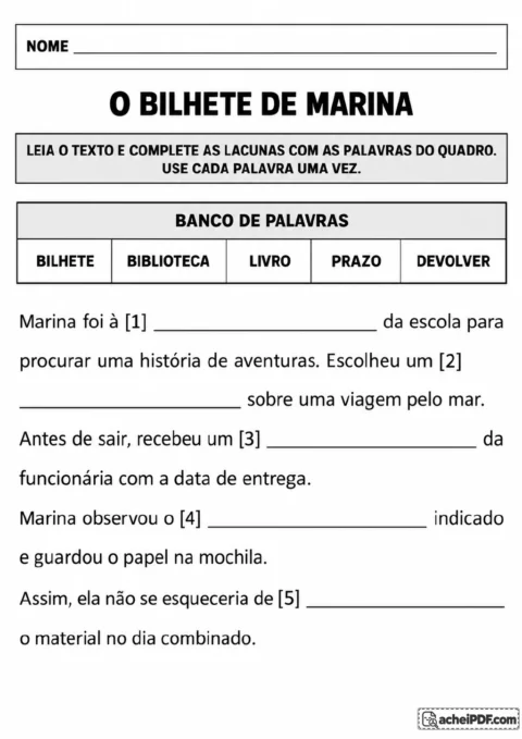 Texto sobre Marina na biblioteca com livro, mochila e bilhete, banco de cinco palavras.