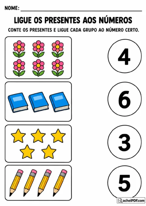 Quatro grupos de objetos para ligar aos numerais: seis flores, três livros, cinco estrelas e quatro lápis.