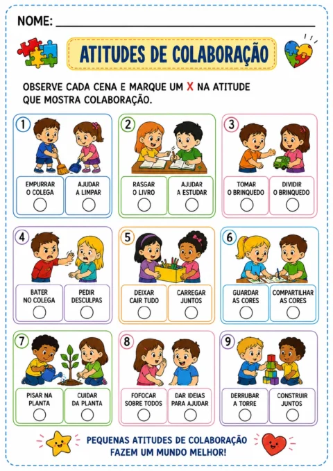 Nove situações coloridas com crianças e duas opções de atitude para marcar, incluindo brinquedos, livros, planta, cores.