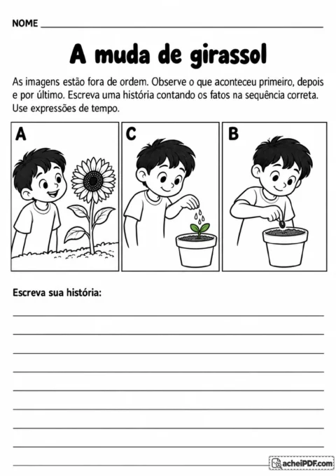 Três quadros mostram menino com semente e vaso, rega de uma muda e um girassol crescido.