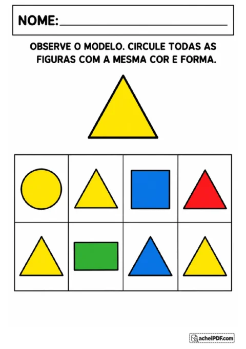 Triângulo amarelo como modelo acima de uma grade com oito figuras coloridas, incluindo triângulos, círculos.