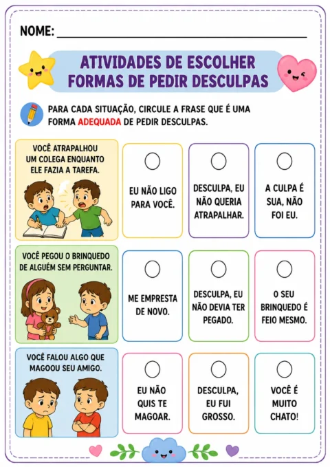 Três linhas de situações ilustradas mostram colegas durante uma tarefa, um brinquedo e um amigo magoado.