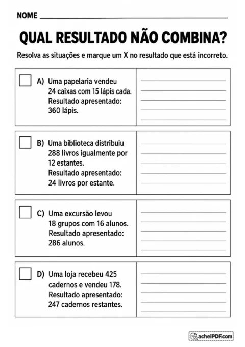 Quatro quadros identificados de A a D, com situações sobre lápis, livros, alunos e cadernos.