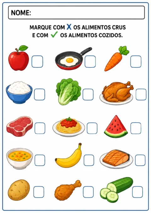 Grade de três colunas com 15 alimentos e um quadrinho ao lado de cada imagem, incluindo maçã, ovo frito, cenoura, arroz.