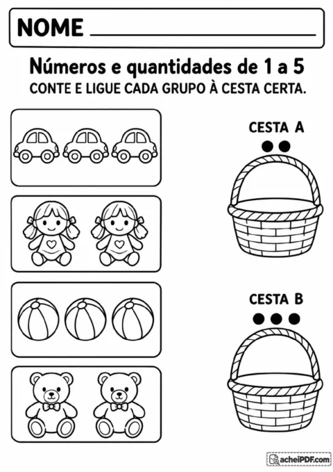 Quatro grupos de brinquedos — carros, bonecas, bolas e ursinhos — e duas cestas identificadas como A e B.