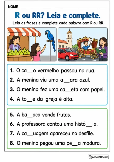 Dois quadros, um com contorno azul e outro verde, reúnem oito frases numeradas com lacunas para completar com R ou RR.