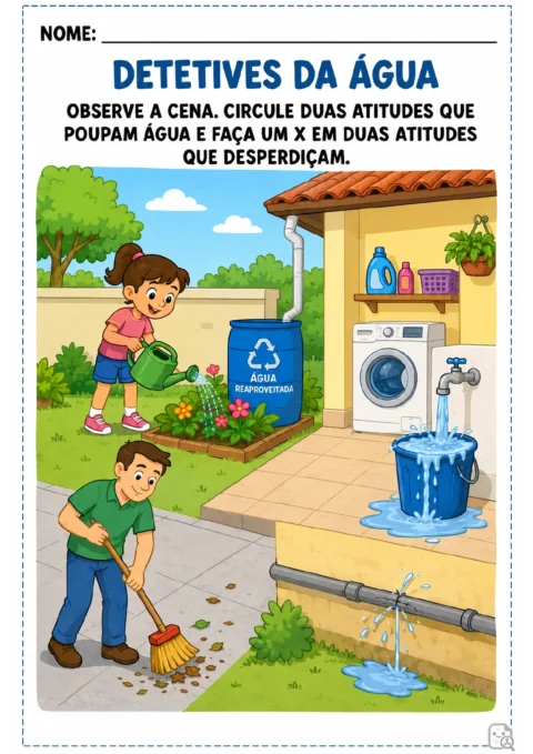 Cena de quintal com quatro situações de uso da água: barril identificado como água reaproveitada, regador com flores.