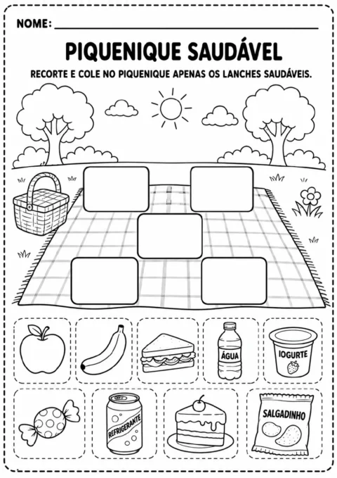 Toalha de piquenique com cinco espaços vazios, uma cesta e cartões recortáveis de maçã, banana, sanduíche, água, iogurte.