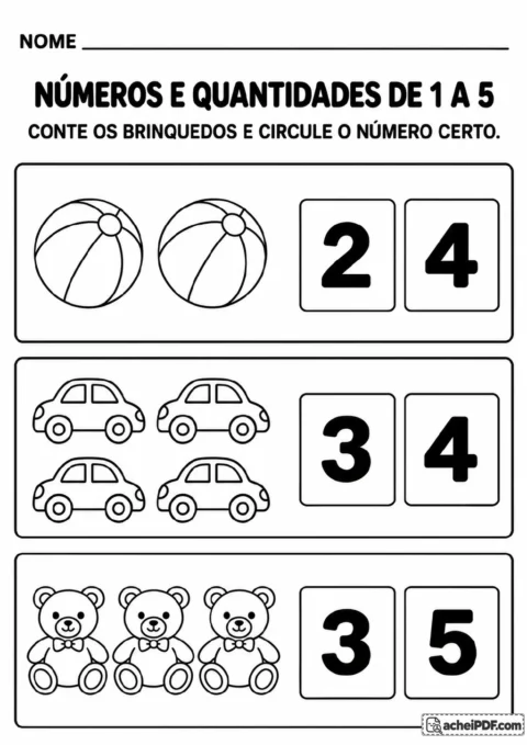 Três linhas com brinquedos e alternativas numéricas: duas bolas com 2 e 4, quatro carros com 3 e 4.