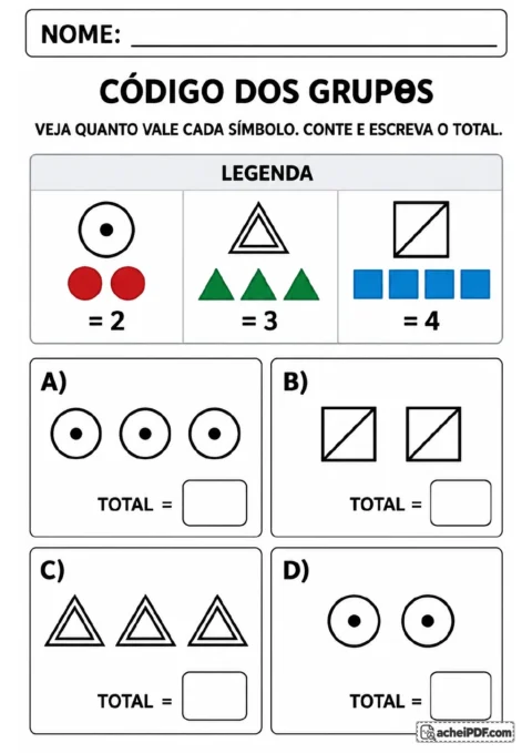 Legenda colorida associa um círculo com ponto ao número 2, um triângulo contornado ao número 3 e um quadrado.