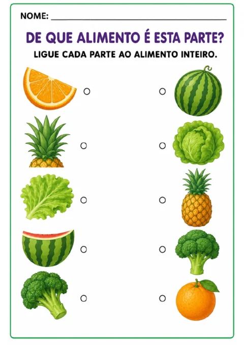 Duas colunas mostram uma fatia de laranja, coroa de abacaxi, folha de alface, fatia de melancia e brócolis de um lado.