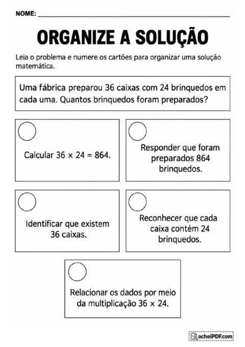 Cinco cartões com círculos para numeração mostram as etapas de um problema sobre 36 caixas com 24 brinquedos cada uma.
