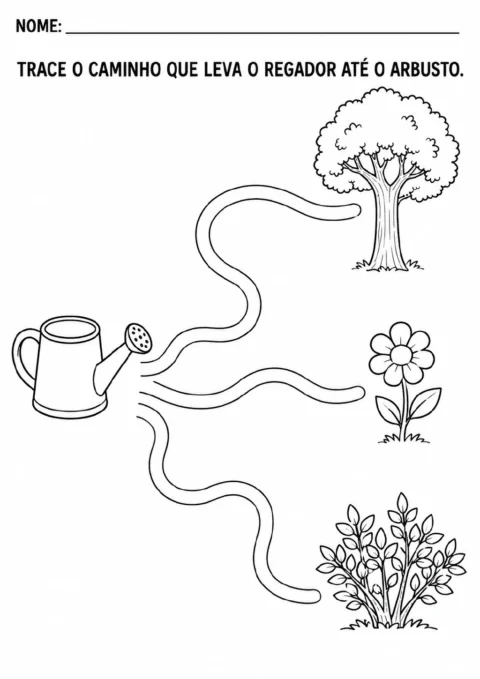 Labirinto em preto e branco com um regador à esquerda e três caminhos curvos que levam a uma árvore, uma flor e um arbusto.