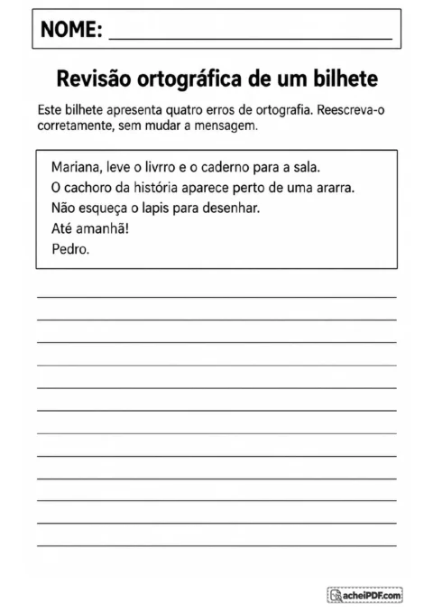 Bilhete em uma caixa, endereçado a Mariana e assinado por Pedro, acompanhado de um comando sobre quatro erros de ortografia.