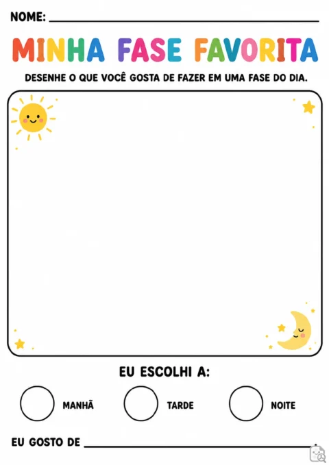 Grande espaço em branco para desenho, decorado com sol, lua e estrelas, com opções de manhã.