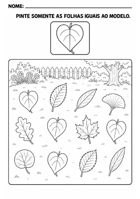 Um modelo de folha em formato de coração aparece acima de uma cena de jardim com árvore, cerca.