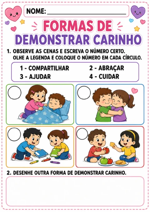 Legenda numerada com as palavras compartilhar, abraçar, ajudar e cuidar ao lado de quatro cenas infantis.