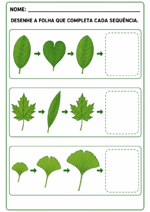 Três sequências de folhas verdes ligadas por setas, cada uma terminando em um quadro tracejado para desenhar a próxima folha.