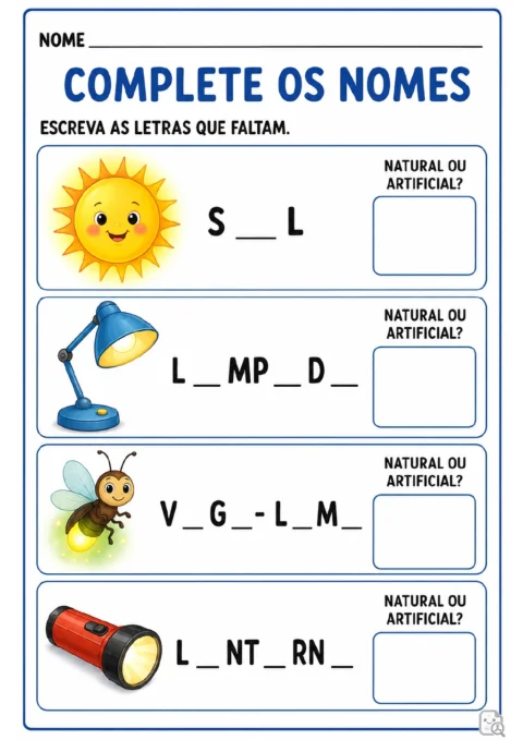 Quatro faixas com imagens de Sol, lâmpada, vaga-lume e lanterna, palavras incompletas e campos.
