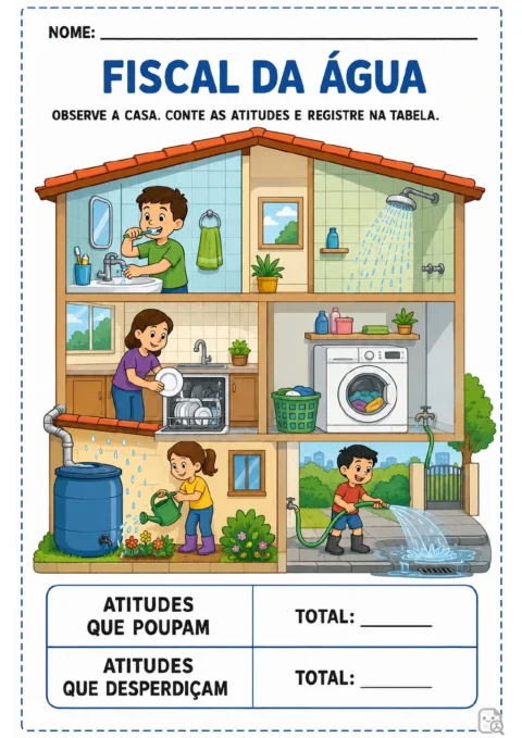 Casa ilustrada em corte com sete situações de uso da água: pia, chuveiro, lava-louças, máquina de lavar, cisterna.