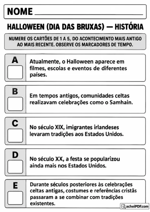 Cinco cartões identificados de A a E com acontecimentos sobre o Halloween e campos para escrever os números de 1 a 5.