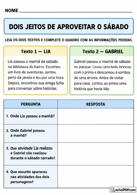 Dois textos lado a lado: Lia na biblioteca com um livro de aventuras e Gabriel no parque com o primo e uma árvore; abaixo.