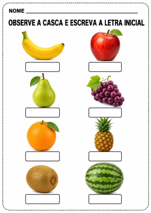 Duas colunas com imagens de banana, maçã, pera, uva, laranja, abacaxi, kiwi e melancia.