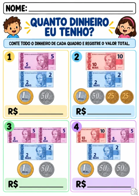 Grade com quatro quadros numerados contendo cédulas de 2, 5 e 10 reais, moedas de 1 real.