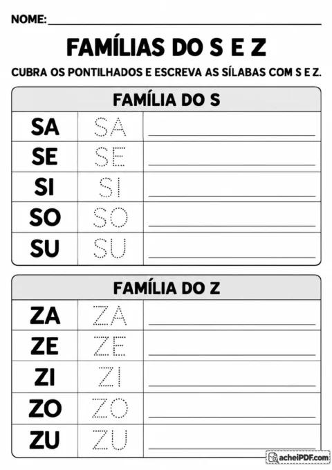 Duas tabelas com SA, SE, SI, SO, SU e ZA, ZE, ZI, ZO, ZU em modelos pontilhados e linhas para reprodução.