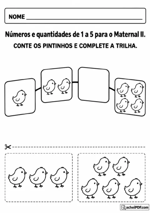 Trilha inclinada com grupos de um, dois e quatro pintinhos e um quadro vazio entre dois e quatro. Acima.
