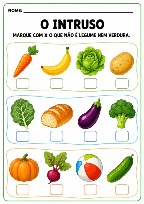 Três grupos de quatro figuras mostram cenoura, banana, alface e batata; couve, pão, berinjela e brócolis; abóbora.
