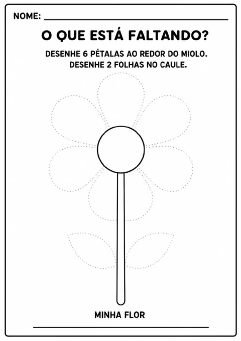 Flor com miolo e caule em linhas contínuas, seis contornos pontilhados de pétalas e dois contornos pontilhados de folhas.