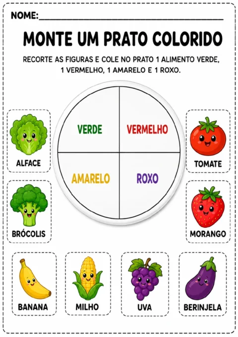 Prato dividido em quatro quadrantes coloridos, identificados como verde, vermelho, amarelo e roxo.