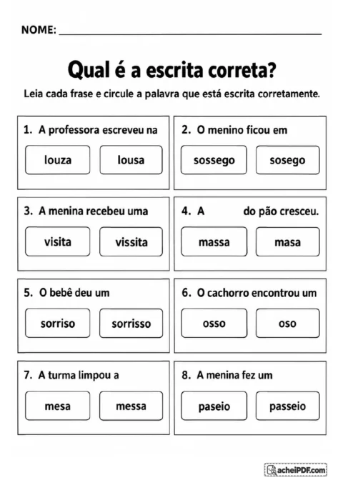 Oito quadros mostram frases com lacunas e dois botões arredondados com opções de palavras para circular.