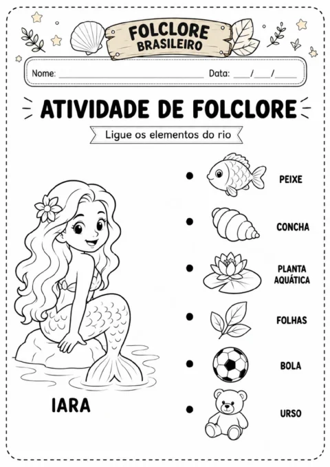 Iara à esquerda e seis figuras com rótulos à direita: peixe, concha, planta aquática, folhas, bola e urso.