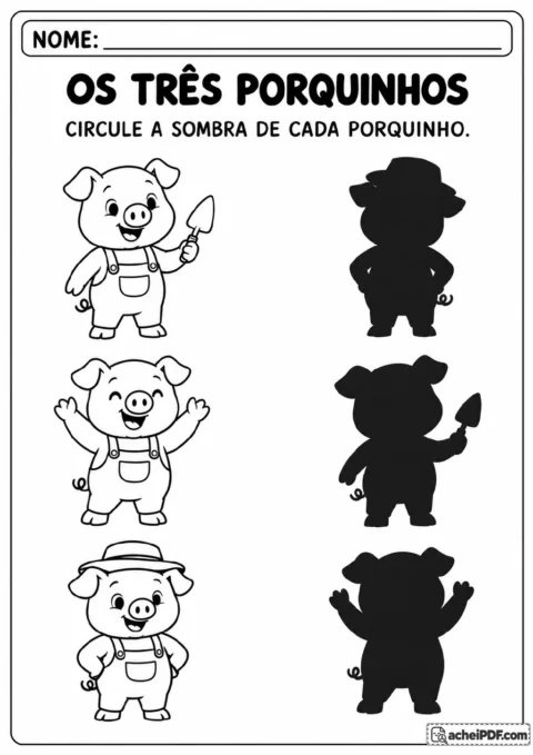 Três porquinhos desenhados, um com pá, outro com os braços erguidos e outro com chapéu, ao lado de três silhuetas pretas.