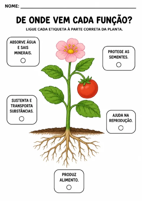 Planta central com raízes visíveis, caule, folhas, flor e fruto vermelho semelhante a um tomate.