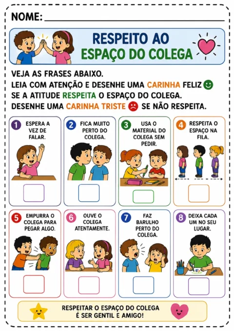 Oito cartões numerados com frases e ilustrações de crianças, fila, mesa e materiais escolares.