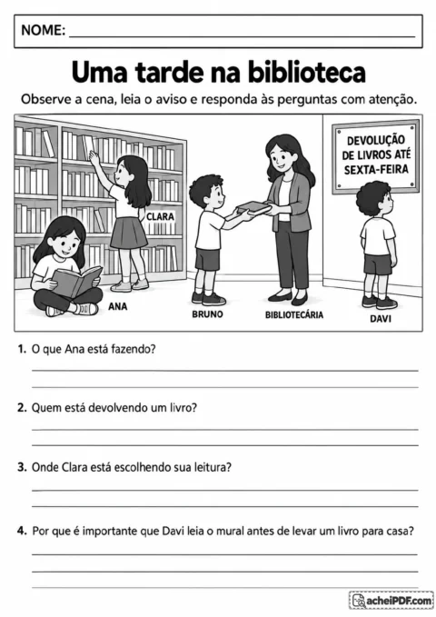 Ilustração em preto e branco de uma biblioteca com crianças, livros e um aviso de devolução até sexta-feira.