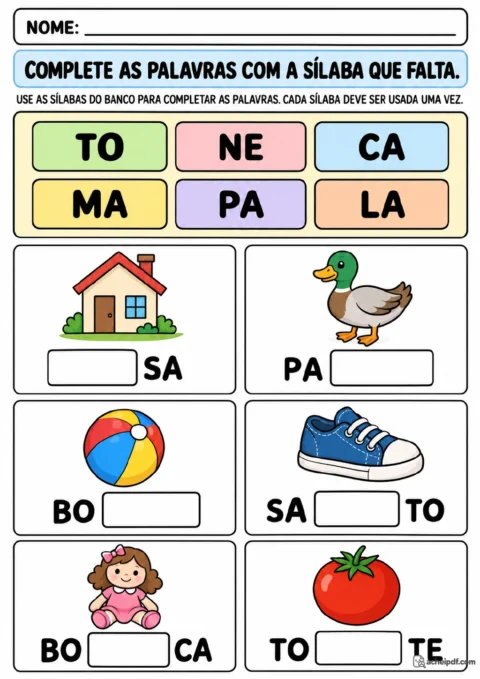 Banco colorido com as sílabas TO, NE, CA, MA, PA e LA acima de seis quadros ilustrados com palavras incompletas: casa.