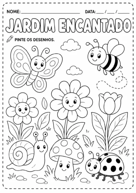 Jardim para colorir com borboleta, abelha, duas flores, uma tulipa, caracol, cogumelo, joaninha e nuvens.
