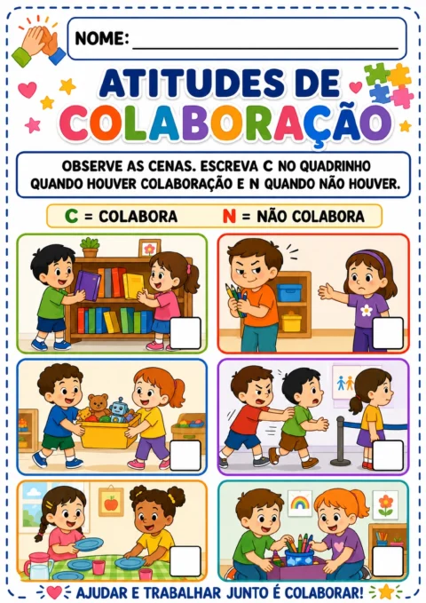 Seis cenas infantis com quadrinhos vazios e legenda “C = colabora” e “N = não colabora”; aparecem livros, lápis de cor.