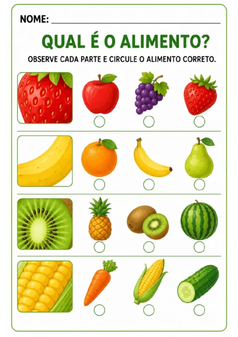 Quatro linhas com detalhes ampliados de morango, banana, kiwi e milho, cada uma acompanhada de três opções de alimentos.