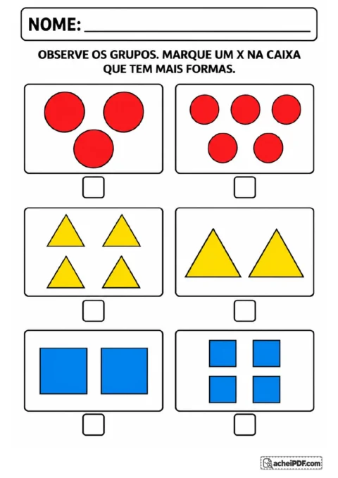 Três pares de grupos para comparação: círculos vermelhos, triângulos amarelos e quadrados azuis em caixas com quantidades.